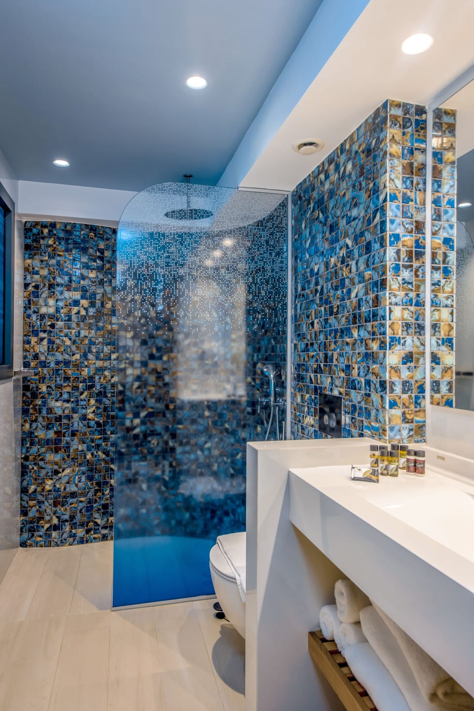 Shower, rainfall showerhead, hair dryer, bathrobes