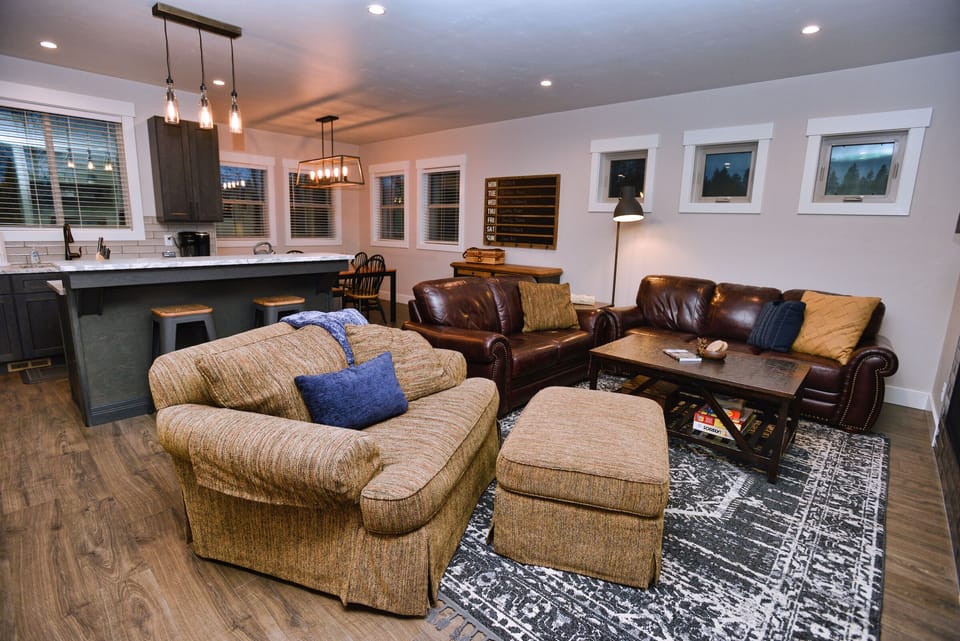 Leather couches and premium furniture provide plenty of comfort.