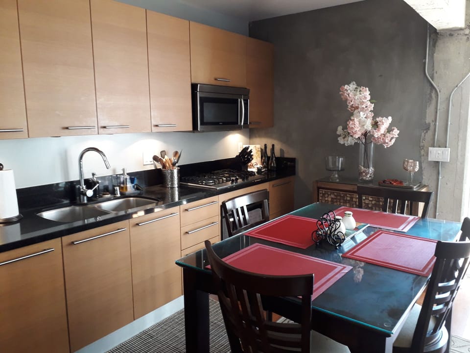 Kitchen and dining table. 