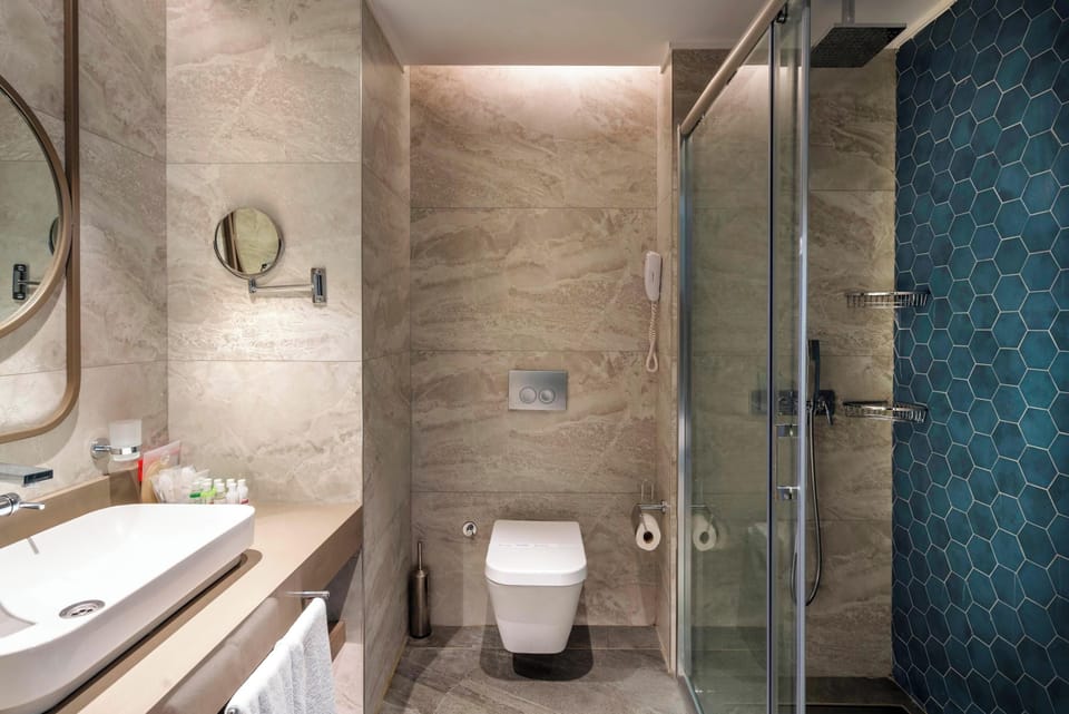 Shower, free toiletries, hair dryer, bathrobes