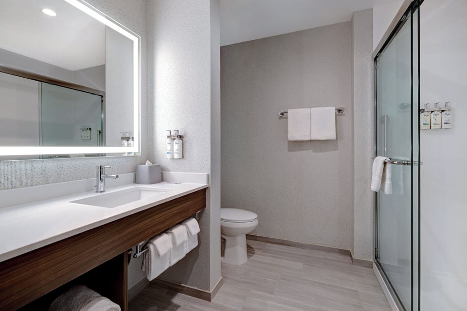 Hair dryer, towels, soap, shampoo