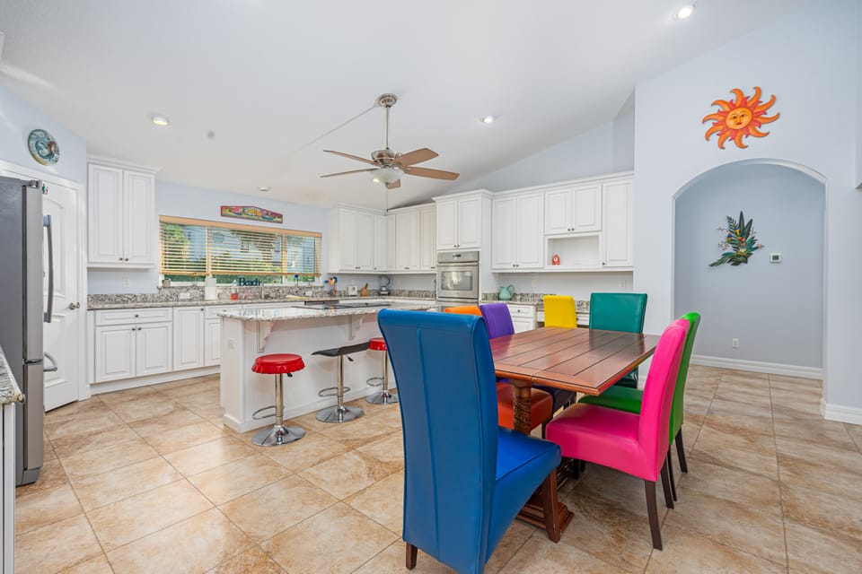 Additional, colorful bar stools for extra seating