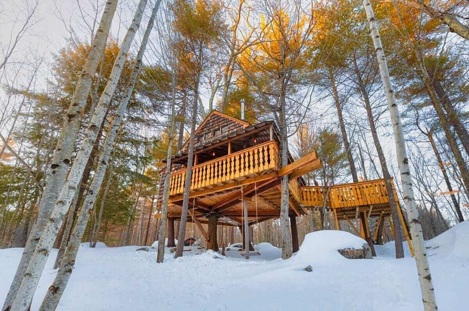 Treehouse in winter with swings