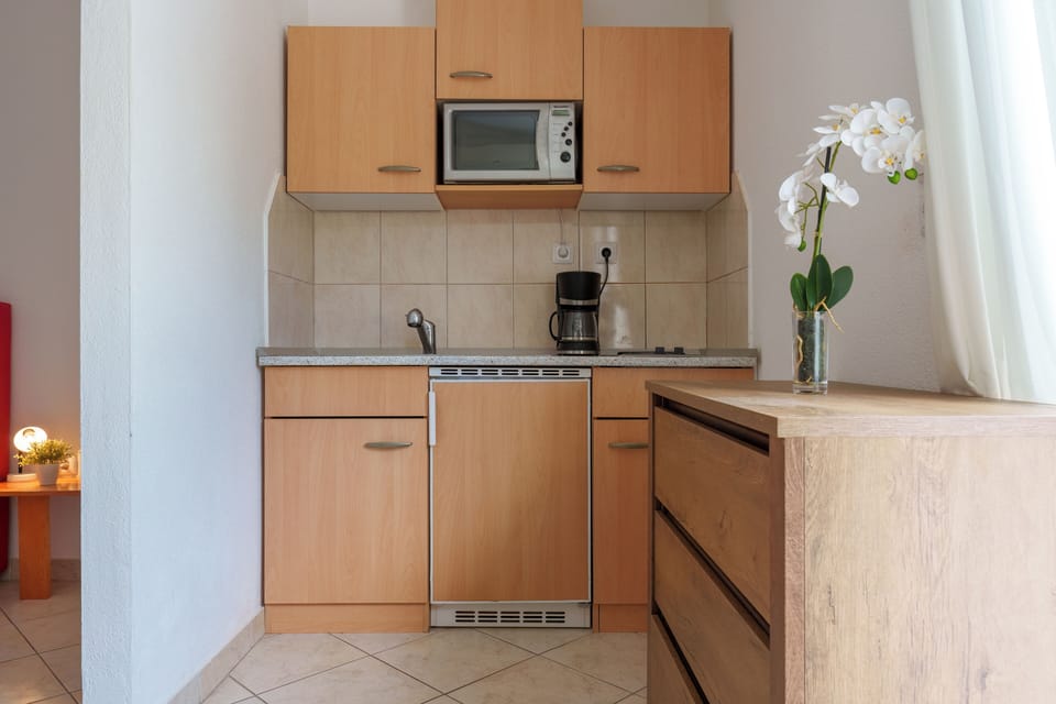Studio, Balcony, City View | Private kitchen | Fridge, microwave, coffee/tea maker, electric kettle