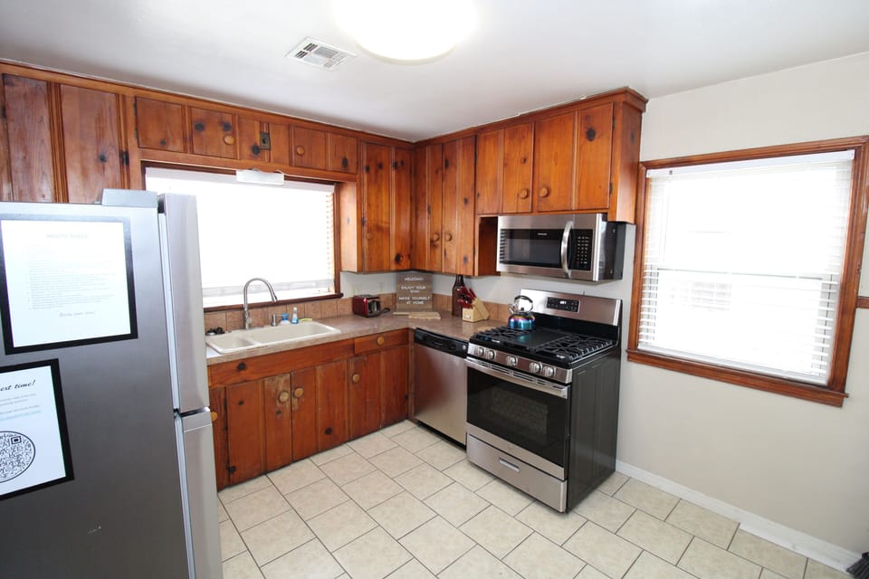 Kitchen is fully stocked and has new appliances