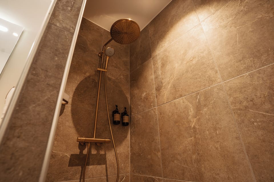 Shower, hair dryer, heated floors, towels