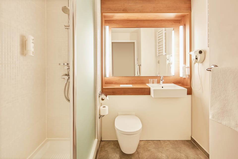 Eco-friendly toiletries, hair dryer, towels