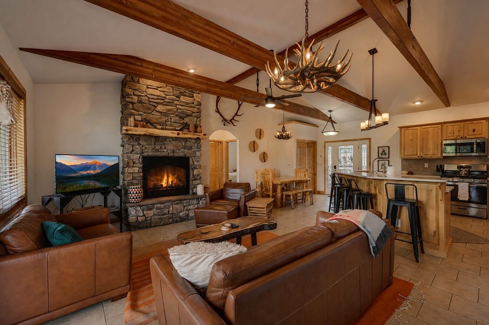 And cozy up in the living room with an indoor fireplace