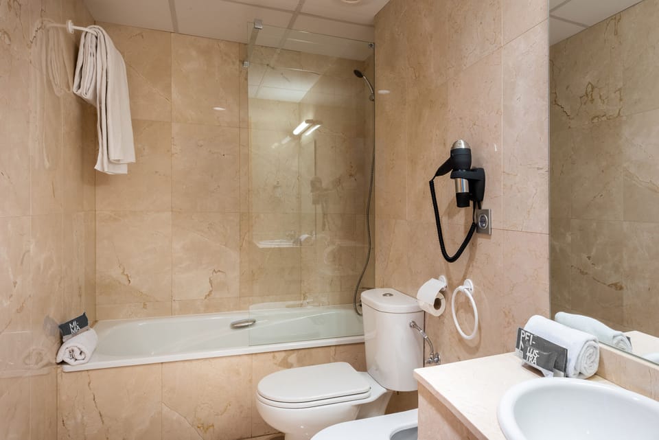 Bathtub, hair dryer, slippers, bidet