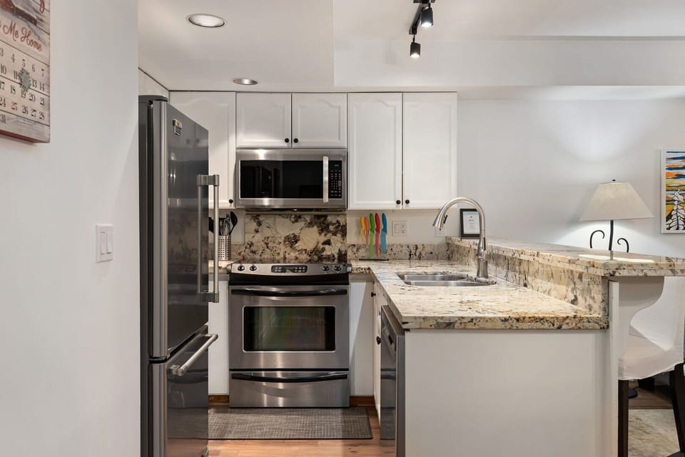 Fully equipped with stainless steel appliances for all your cooking needs.