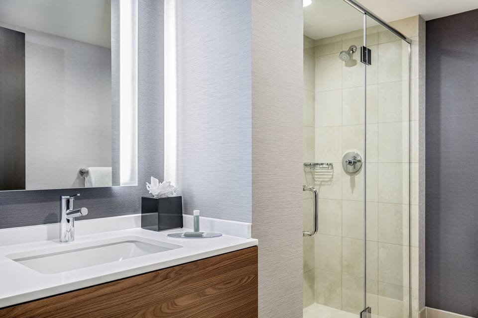 Combined shower/tub, free toiletries, hair dryer, towels