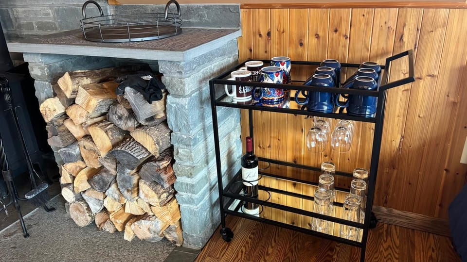 Glass/mug cart with complimentary wine and firewood