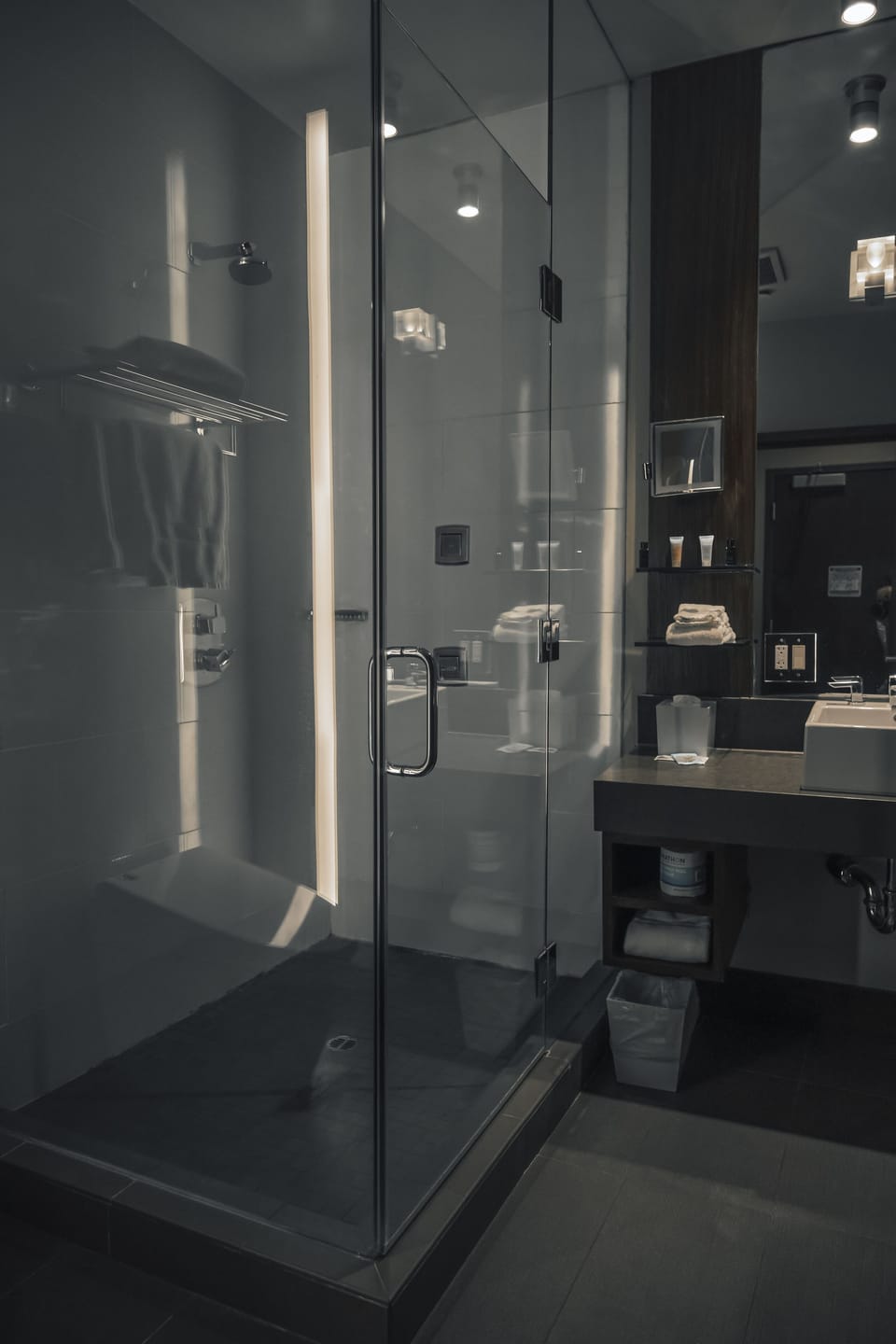 Shower, rainfall showerhead, designer toiletries, hair dryer