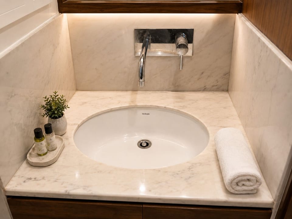 Shower, rainfall showerhead, designer toiletries, hair dryer