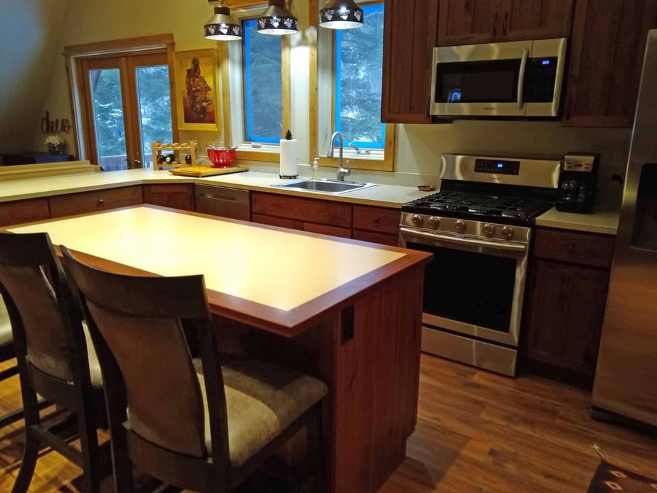 Stainless steel appliances, gas grill and stove, fridge/freezer with icemaker