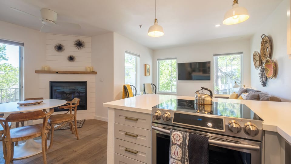Kitchen looking out to living room:  Sweetbriar Garden Suite