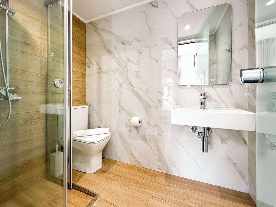 Shower, hair dryer, towels