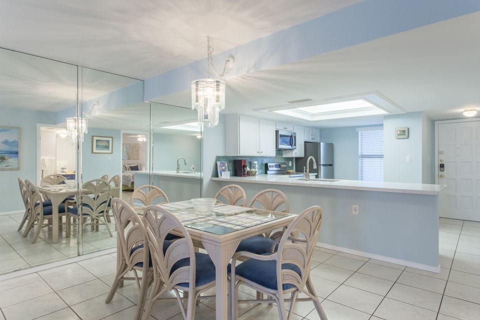 Our dining area seats 6. We hope you are able to enjoy a game night or home cooked meal here.