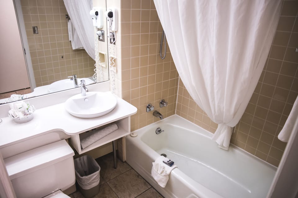 Shower, hydromassage showerhead, free toiletries, hair dryer