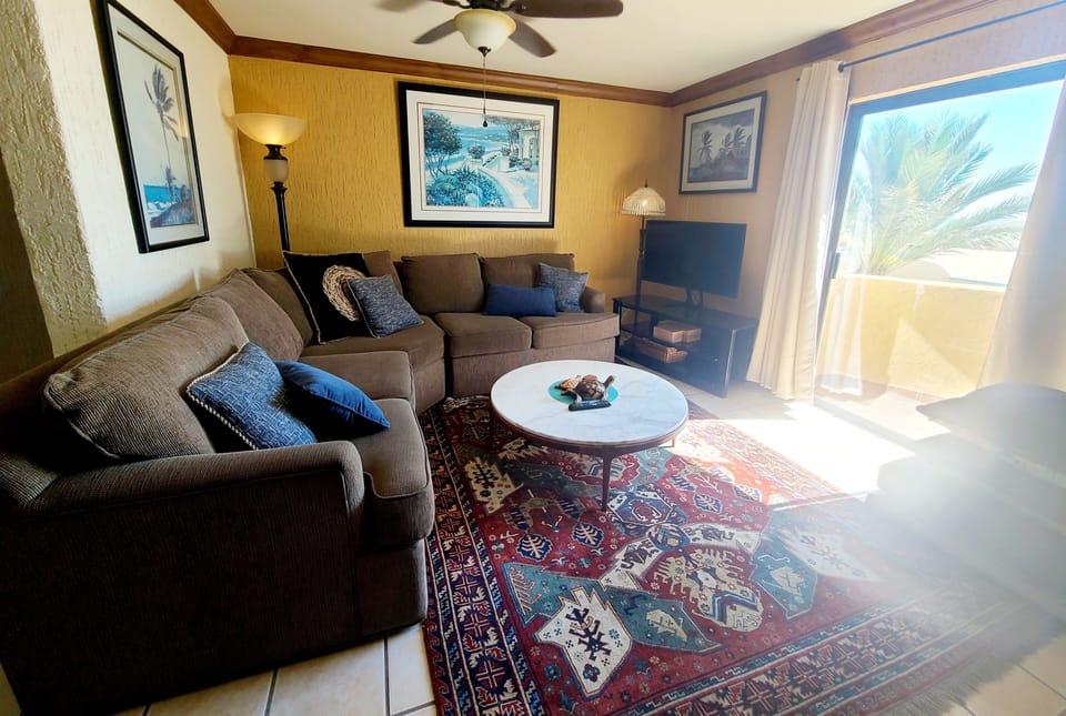 Comfortable seating with a view of the sea