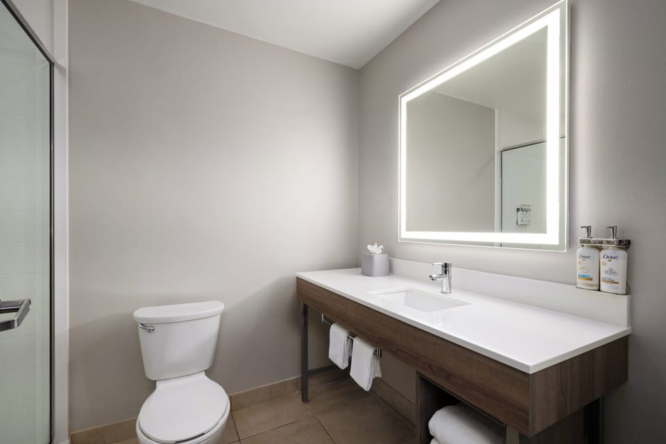Combined shower/tub, hair dryer, towels