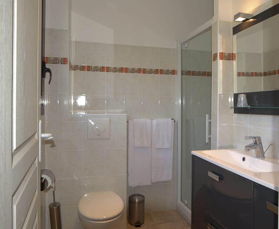 Shower, free toiletries, hair dryer, towels