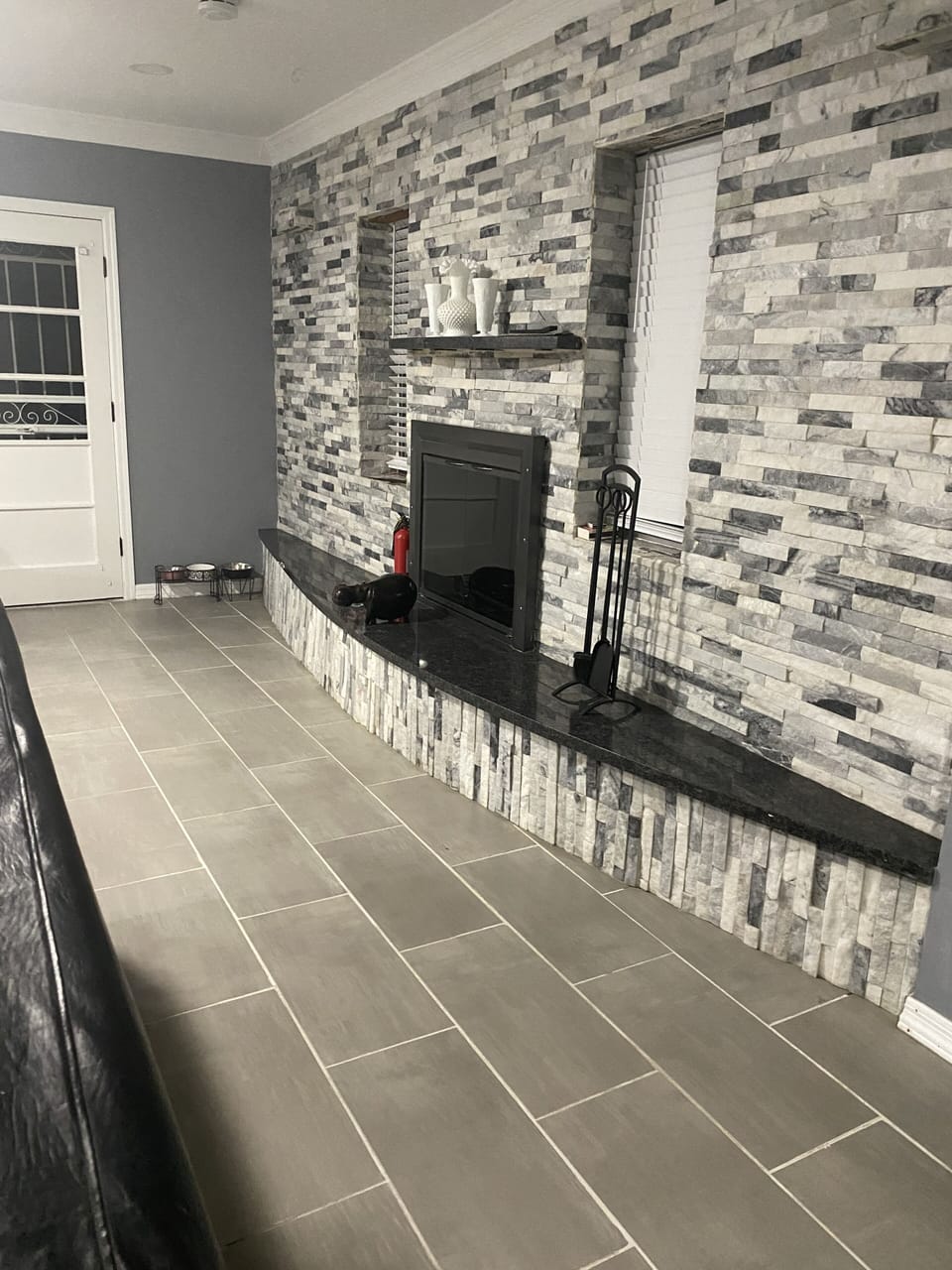 Food and water bowl for pets. Great fireplace
