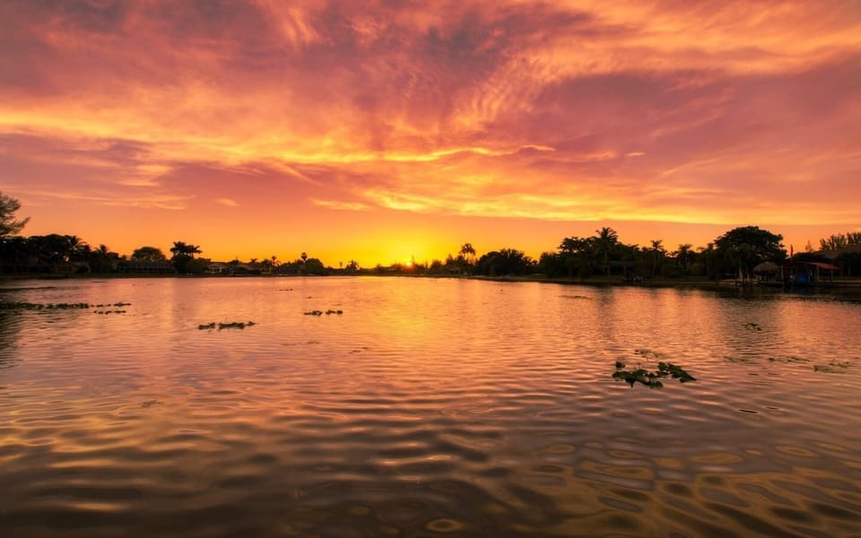 Canal reflecting golden-hour sunset colors with tropical tree silhouettes