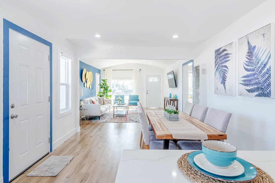 Spacious and inviting open concept kitchen, dining, and living room