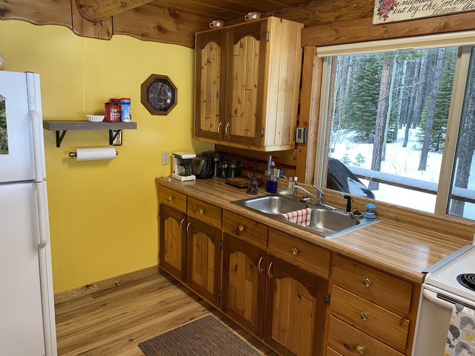 Kitchen sink and window. Refrigerator on left. 