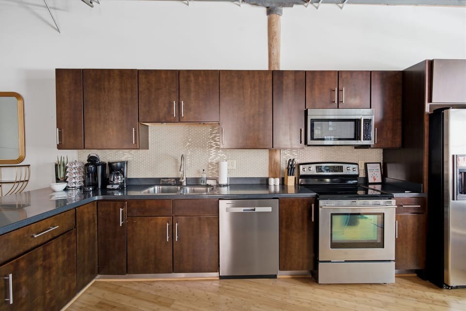 Large kitchen, but it's rarely used because everything is so close!