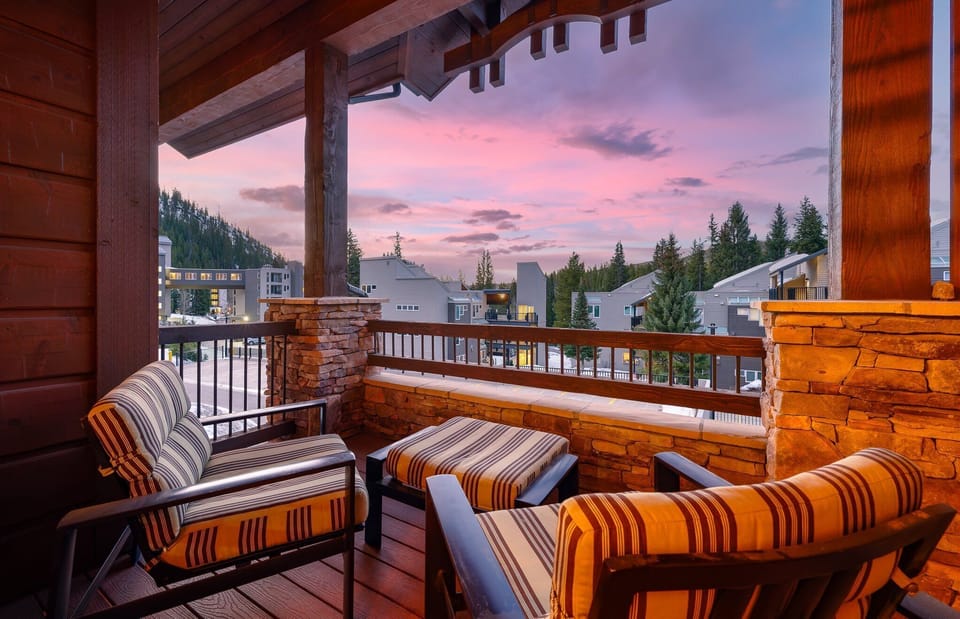 Covered deck with mountain views