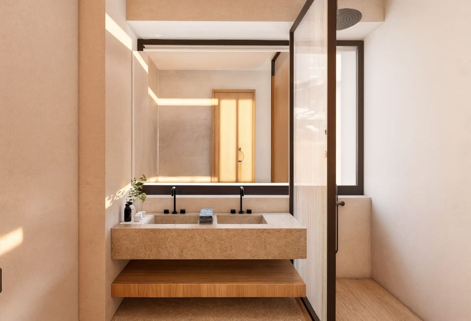 Suite | Bathroom | Shower, rainfall showerhead, hair dryer, towels