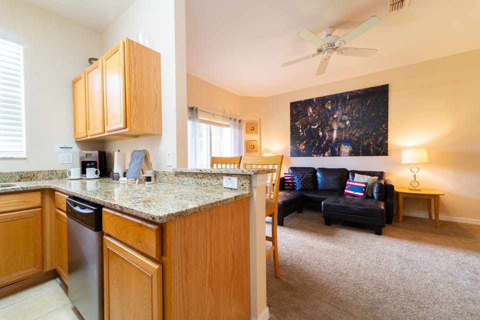 View from kitchen to family seating area