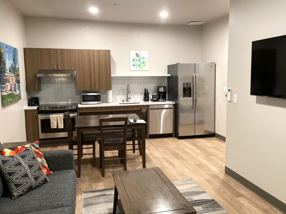 Kitchen, dining area, seating area