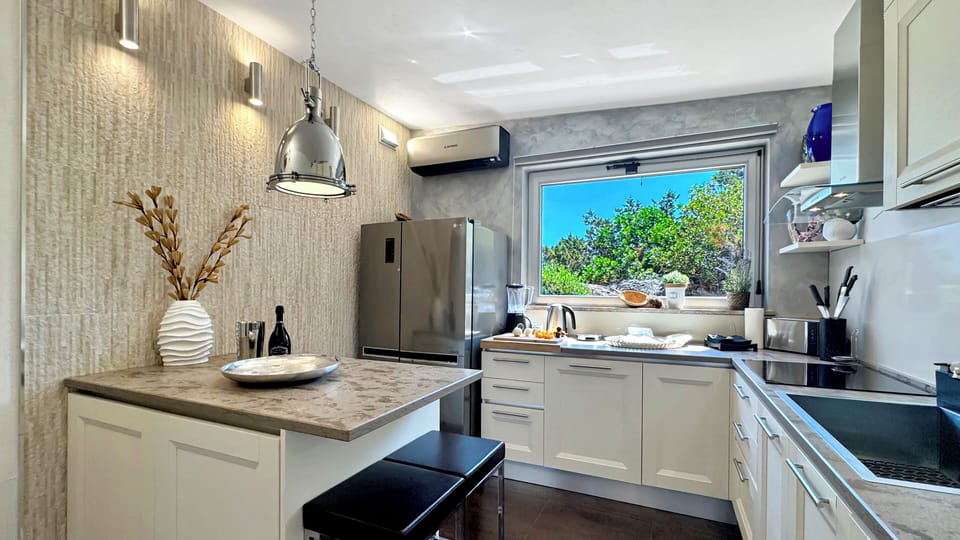 Full-size fridge, microwave, dishwasher, electric kettle