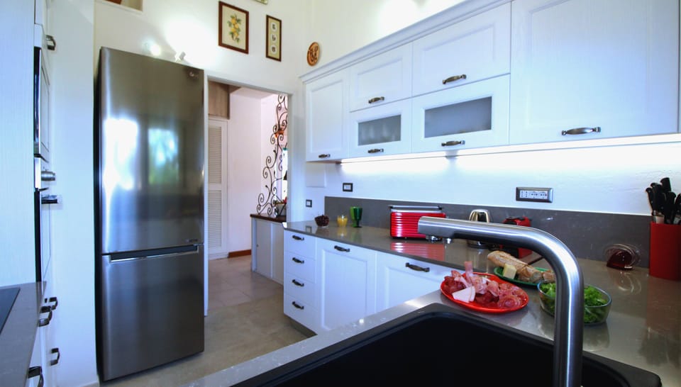 Full-size fridge, oven, stovetop, dishwasher