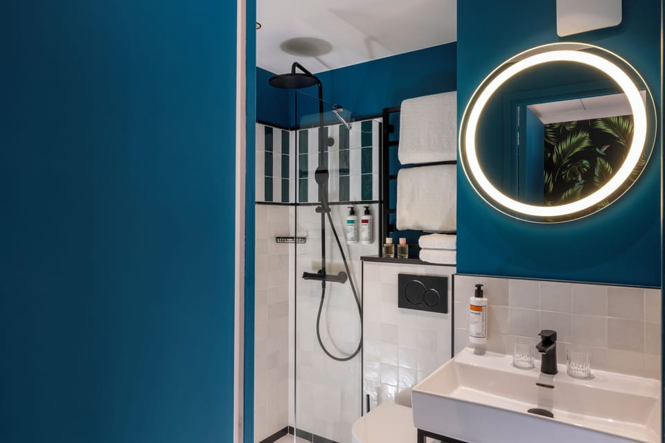 Shower, hair dryer, towels