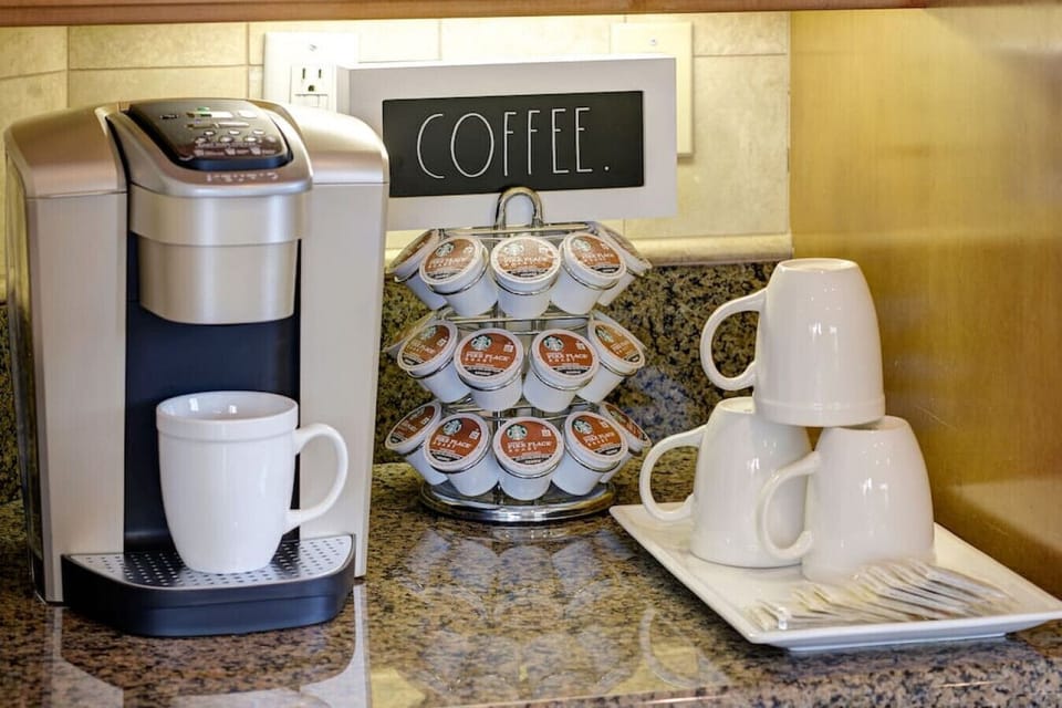 Keurig coffee maker fully stocked with K-Cups during your stay