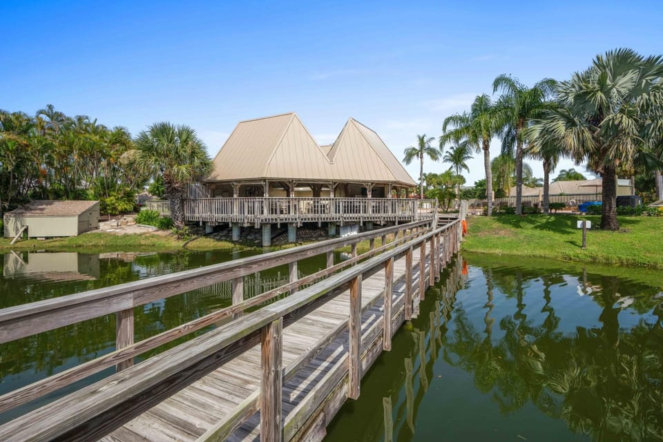 walkway onto pond at pool