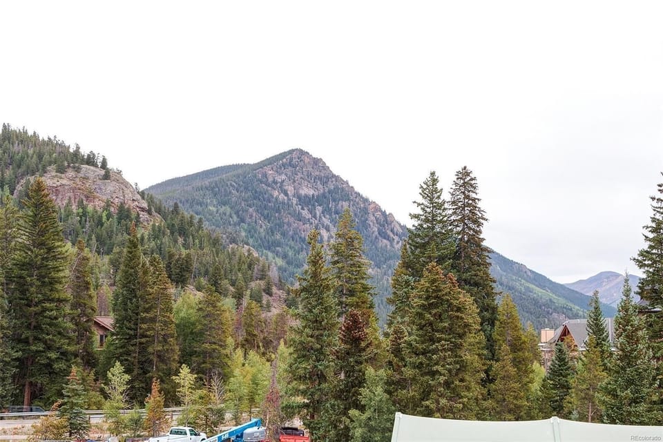 A scenic view features treed mountains with a mix of green and brown foliage under a cloudy sky. There are a few buildings and vehicles at the base of the mountains.