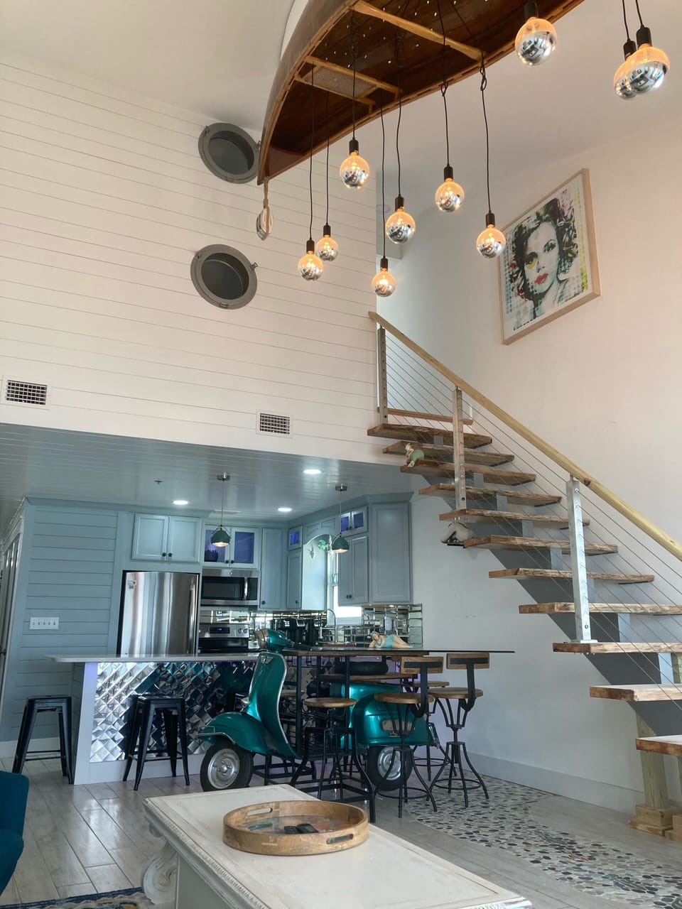 Pecan stair treads and cable railed staircase