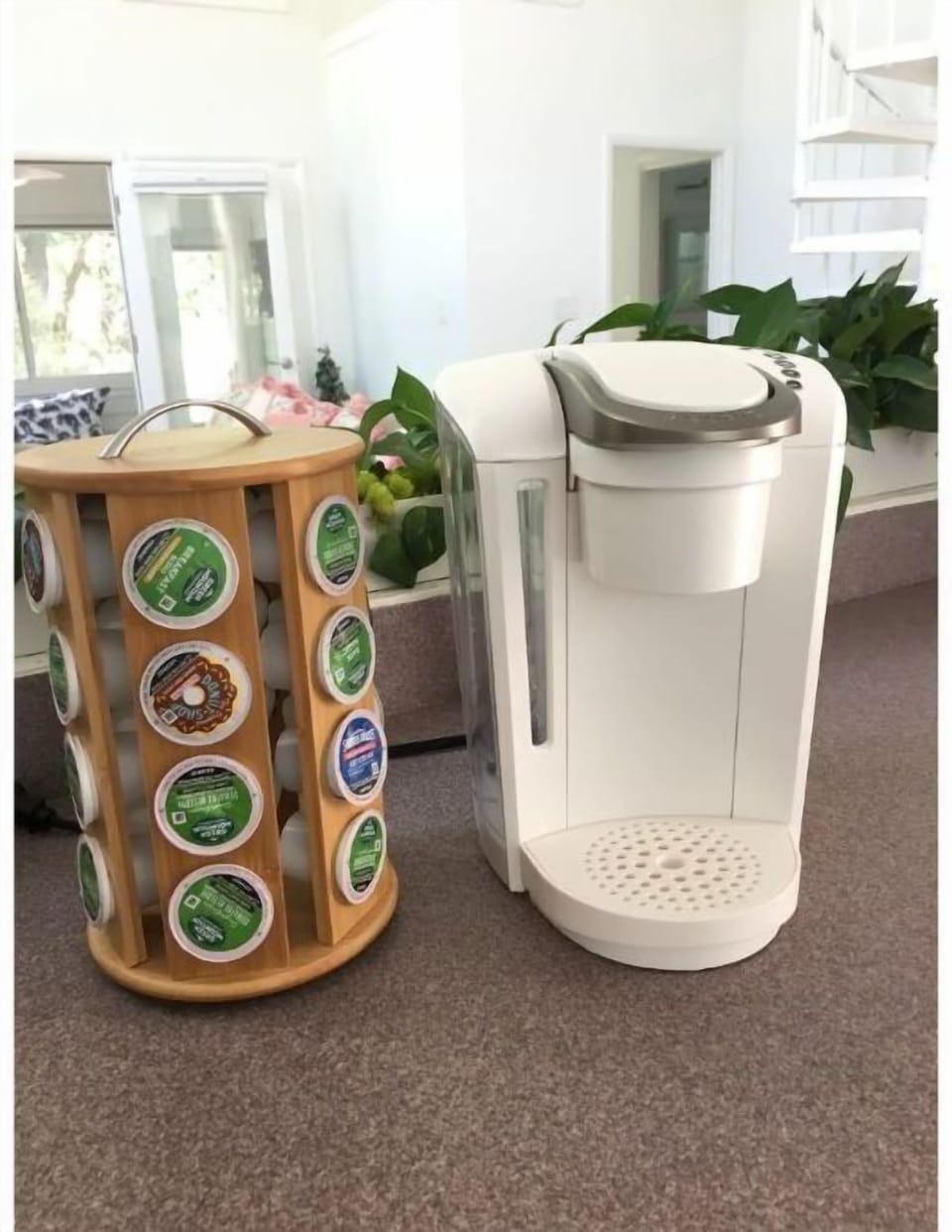 We gladly provider starter supply K-cups, ground coffee, tea, sweetener, cream.