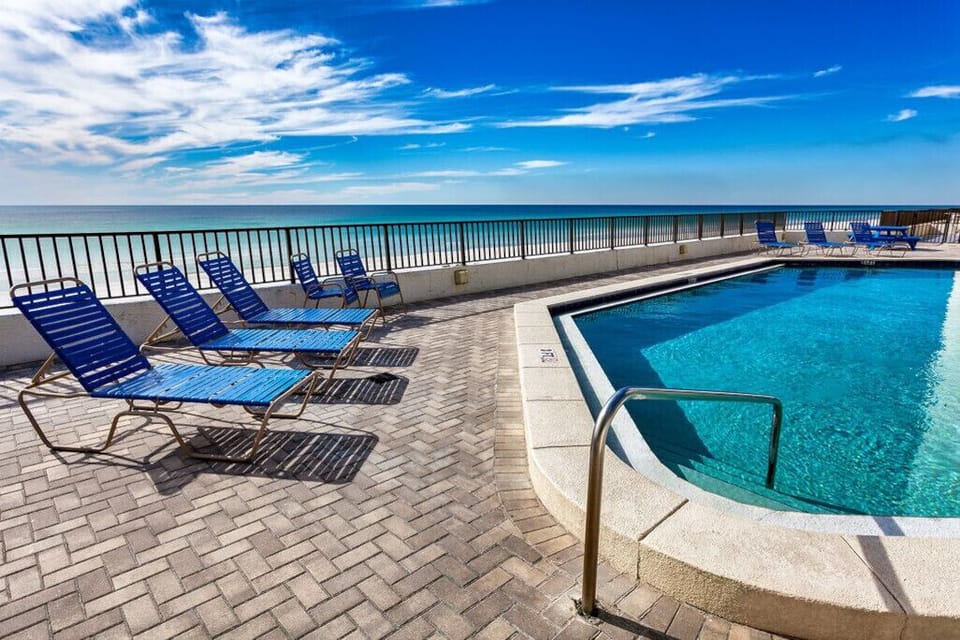 Beautiful beachfront pool heated seasonally.