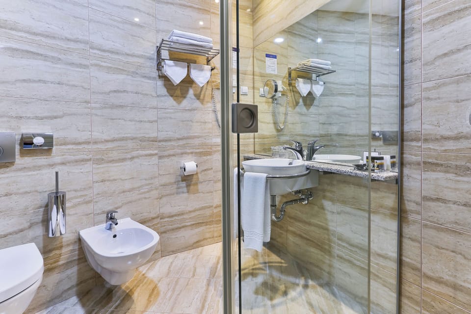 Shower, free toiletries, hair dryer, bathrobes