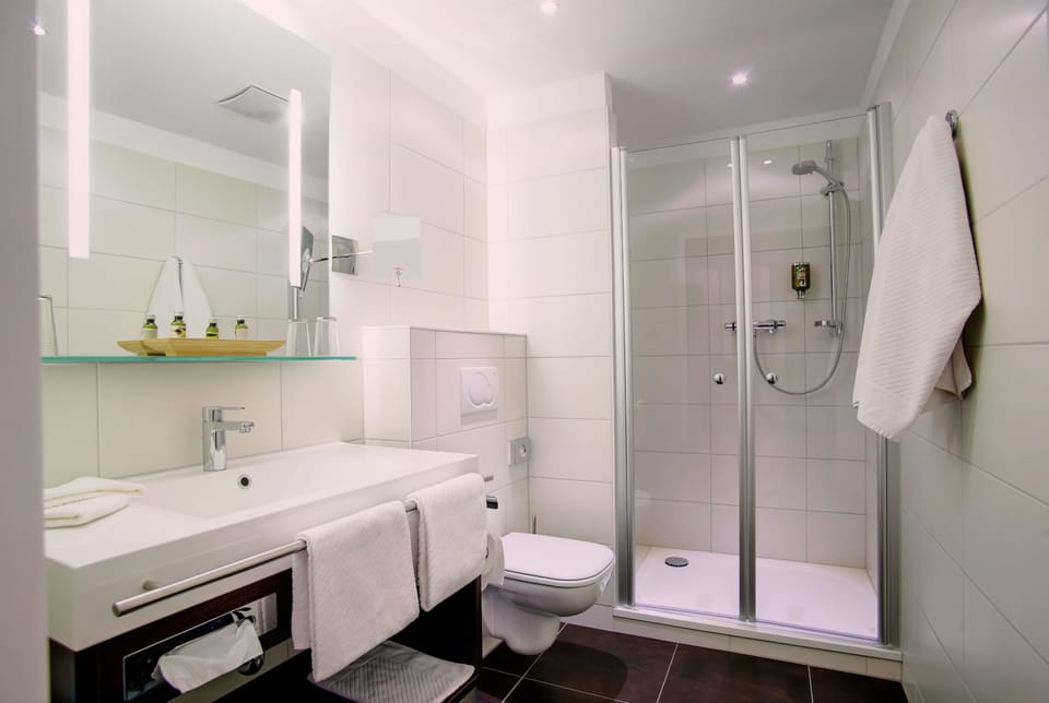 Shower, free toiletries, hair dryer, towels