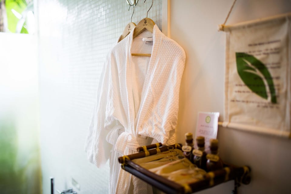 Combined shower/tub, free toiletries, hair dryer, bathrobes