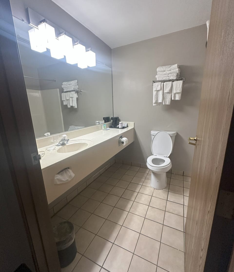 Combined shower/tub, hair dryer, towels