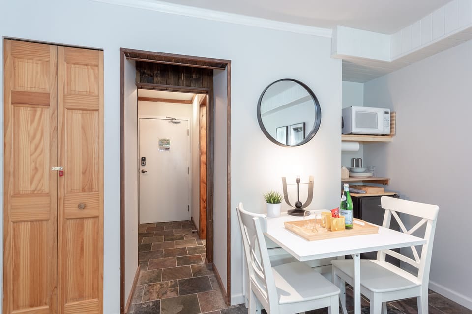Pictured: foldable table (seats 2 or 4),  kitchenette with minifridge & microwav
