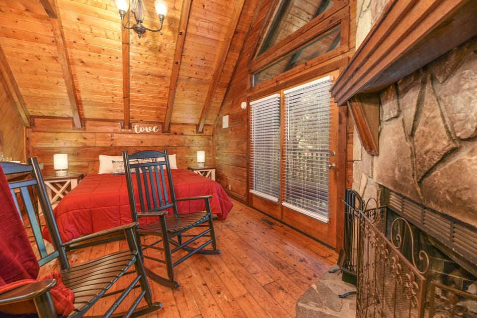 Cozy up to the fireplace on the comfortable rocking chairs